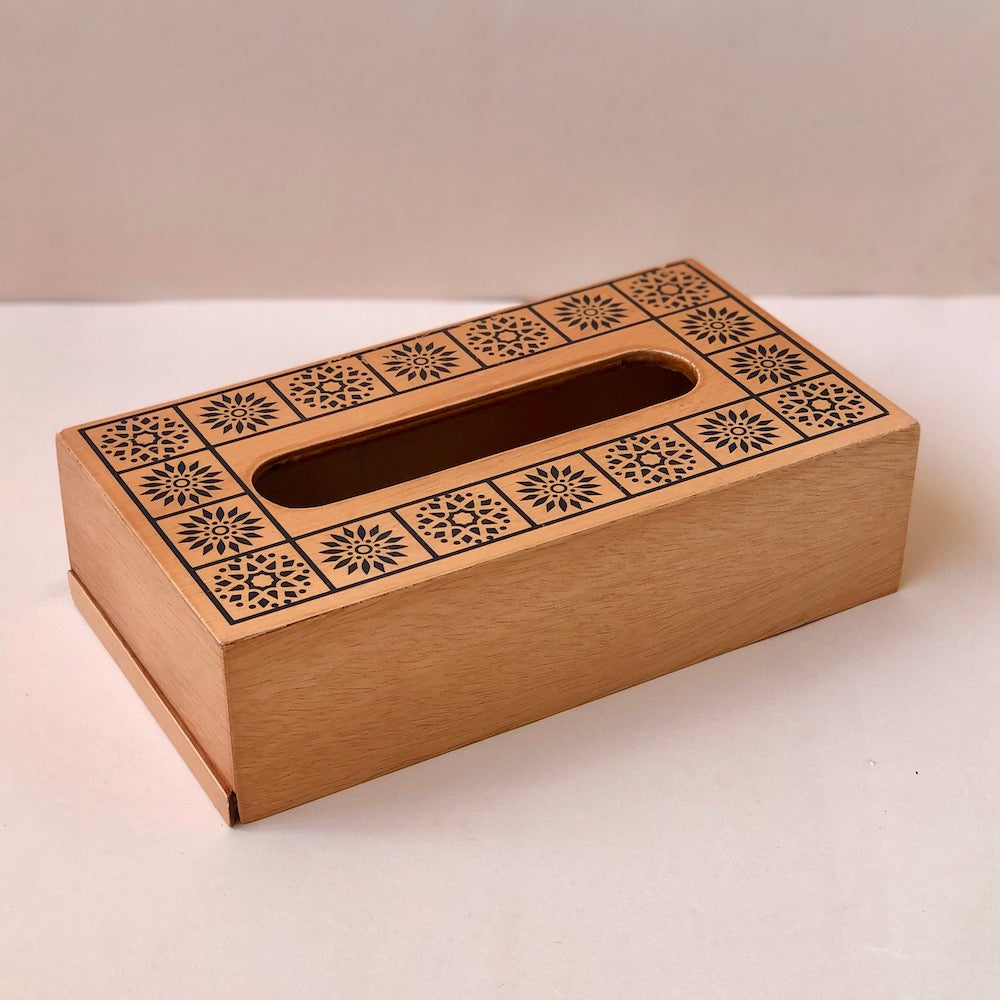 Wooden tissue box with mandala art
