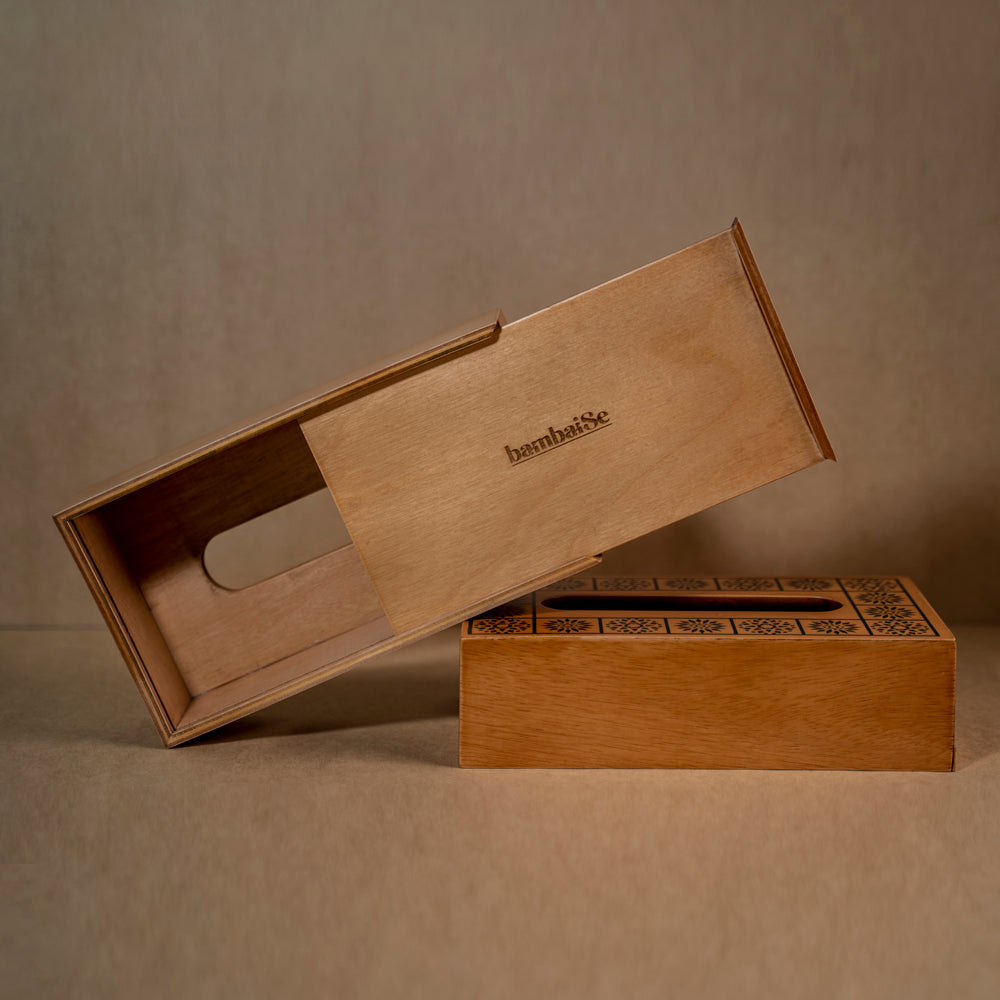 Light Wooden tissue box with craved mandala art