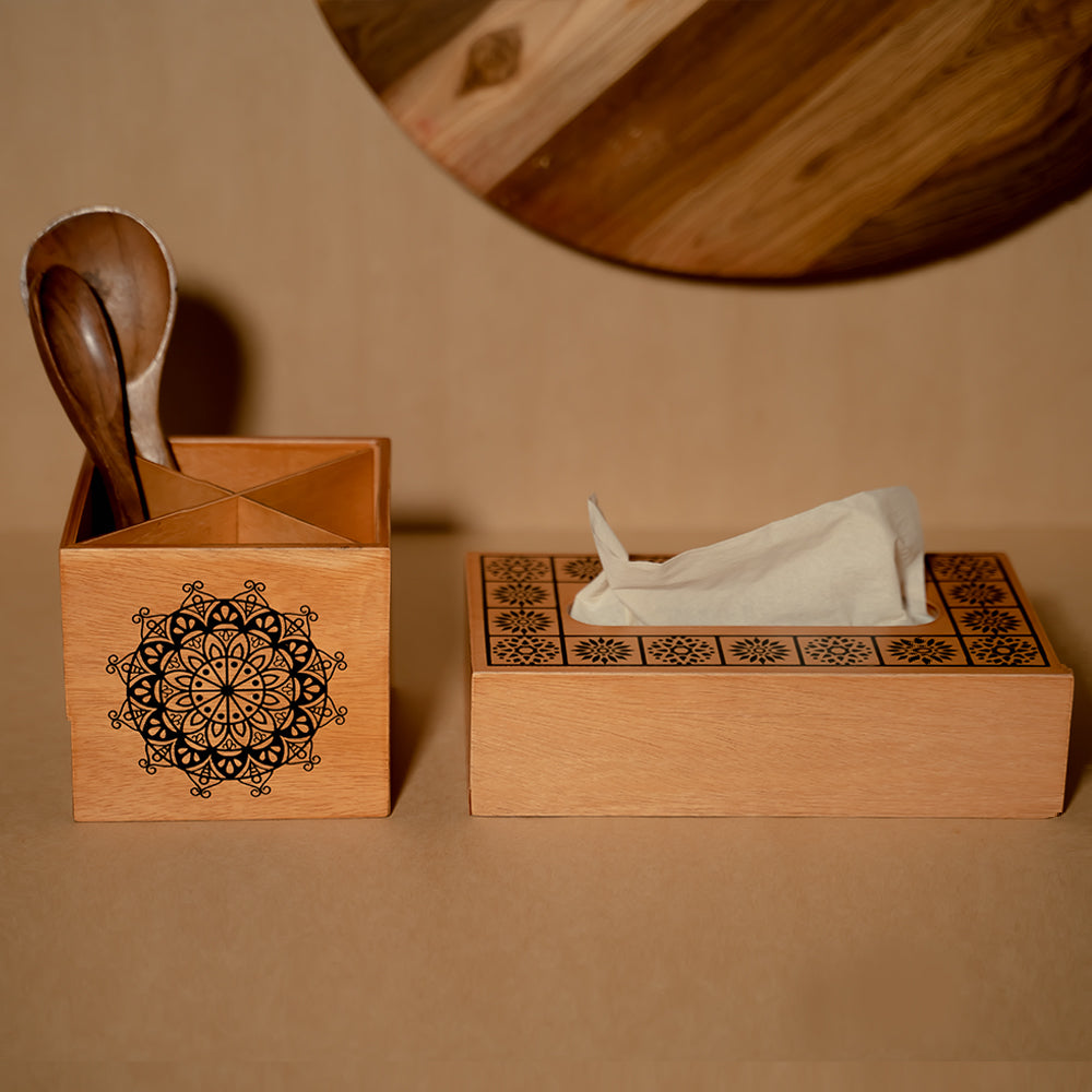 Buy beautiful wooden set - Wood Light Tissue Box + Spoon Stand