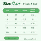 Size chart for oversized bamboo T-shirts including measurements in inches for S, M, L, XL, and XXL.
