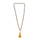 Certified Clear Quartz and Rudraksha mala necklace for meditation and spiritual protection with orange tassel.