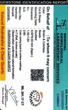 Gemstone identification report for natural Rudraksha and Clear Quartz, detailing color, dimensions, and certification.