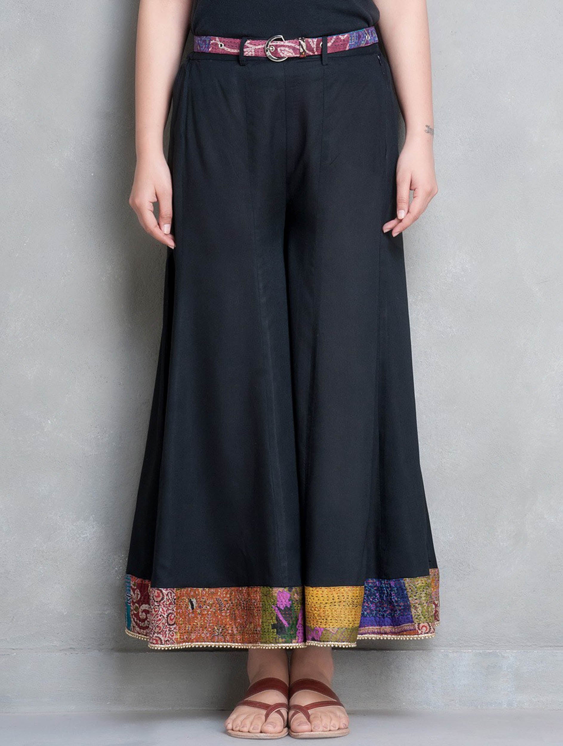 PAAJEB: Black cotton silk kali palazzo with silk kantha border