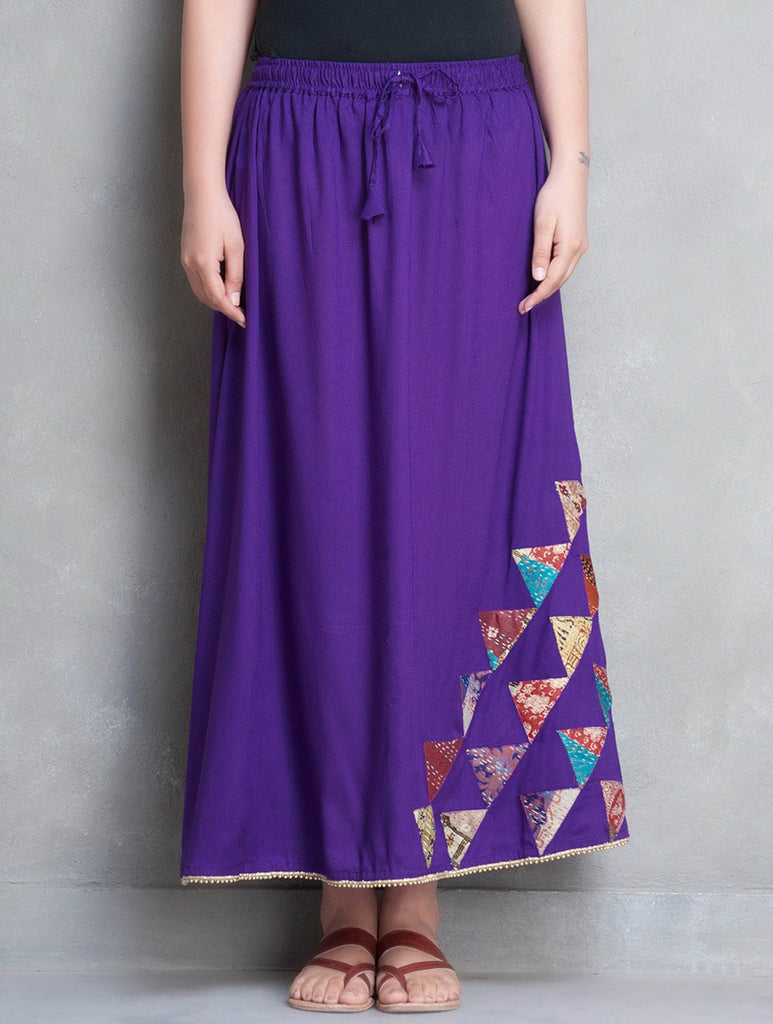 BHUJ: Purple cotton silk kali skirt with kantha and gota border