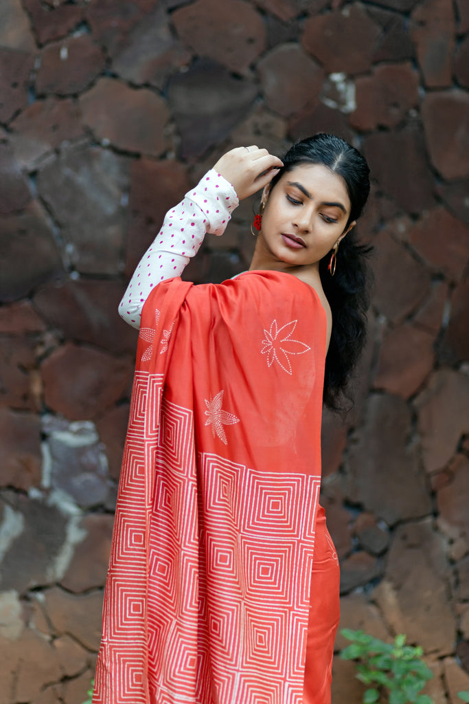 JA' s Drape Handblock Printed Silk Cotton Saree - Punch Red Orange + Pearl