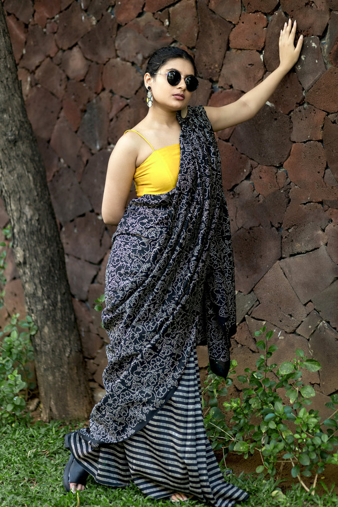 JA' s Drape Handblock Printed Silk Cotton Saree - Raven Black + Lightning Yellow