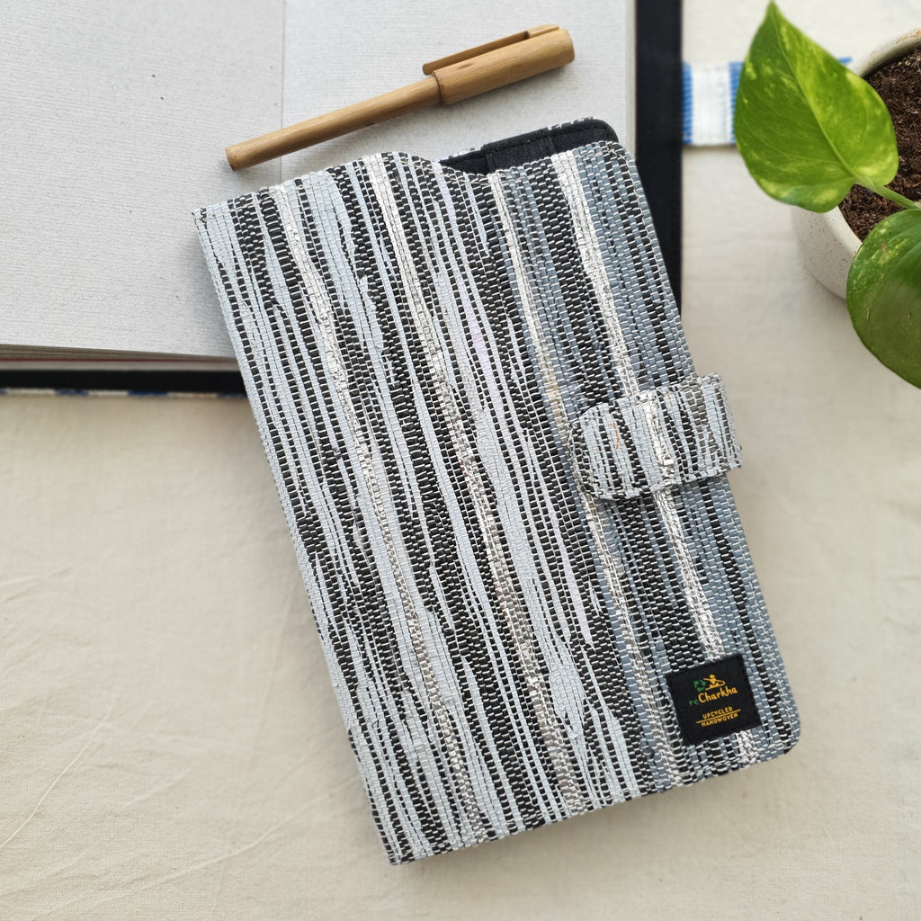 reCharkha Upcycled Handwoven Recycle Livelihoods Handcraft Executive Diary Cover  Office and School Ethically Tribal Made in India Pune Warli Tribe Handloom Refash Trash Fash Waste EcoSocial Upcyclers Conscious Fashion Upcycled slow Trending Swadeshi Weave Textile