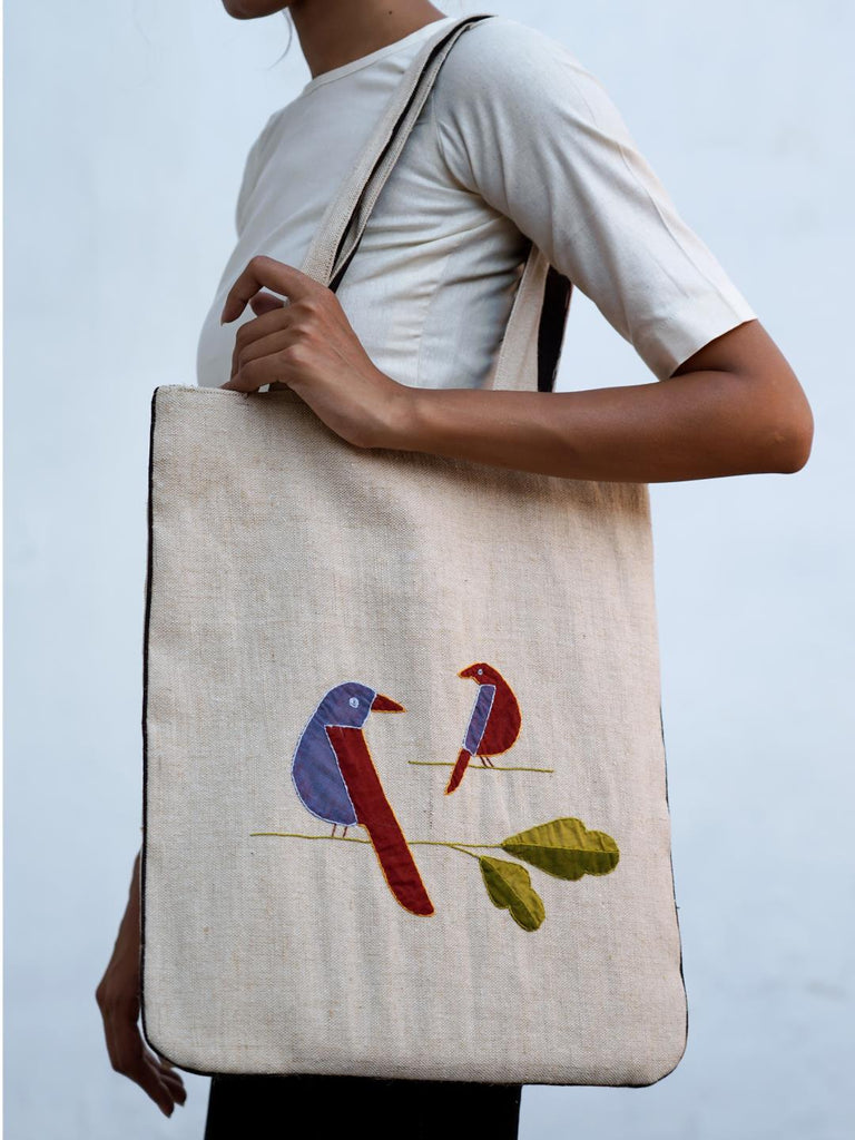 Bihart Unisex Jute Tote Bag with Applique and Sujani work - Our Better Planet
