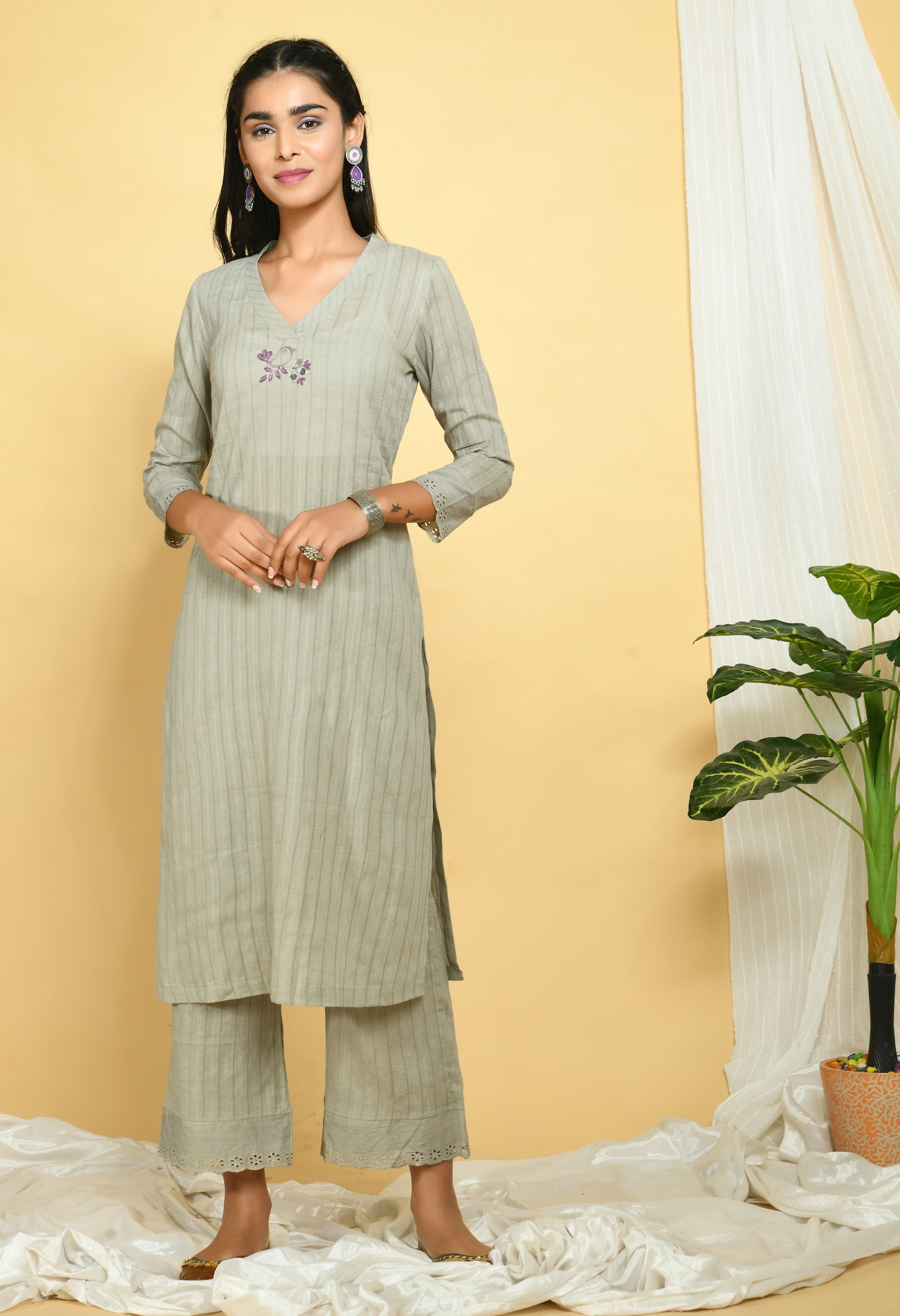 Chidiya Sand Grey Kurta Pant Set - Our Better Planet