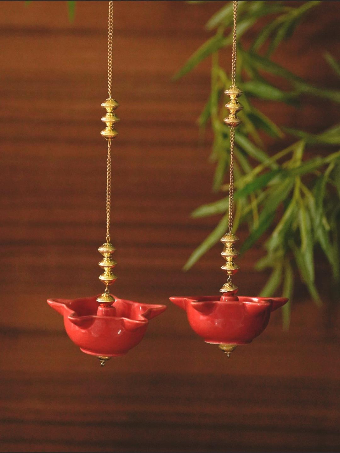 Courtyard Mandir Hanging Red Diya -Set of 2 - Our Better Planet