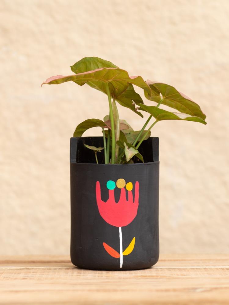 Earth Heart Hibiscus Handmade Hand Illustrated Terracotta Planter (L) - Our Better Planet
