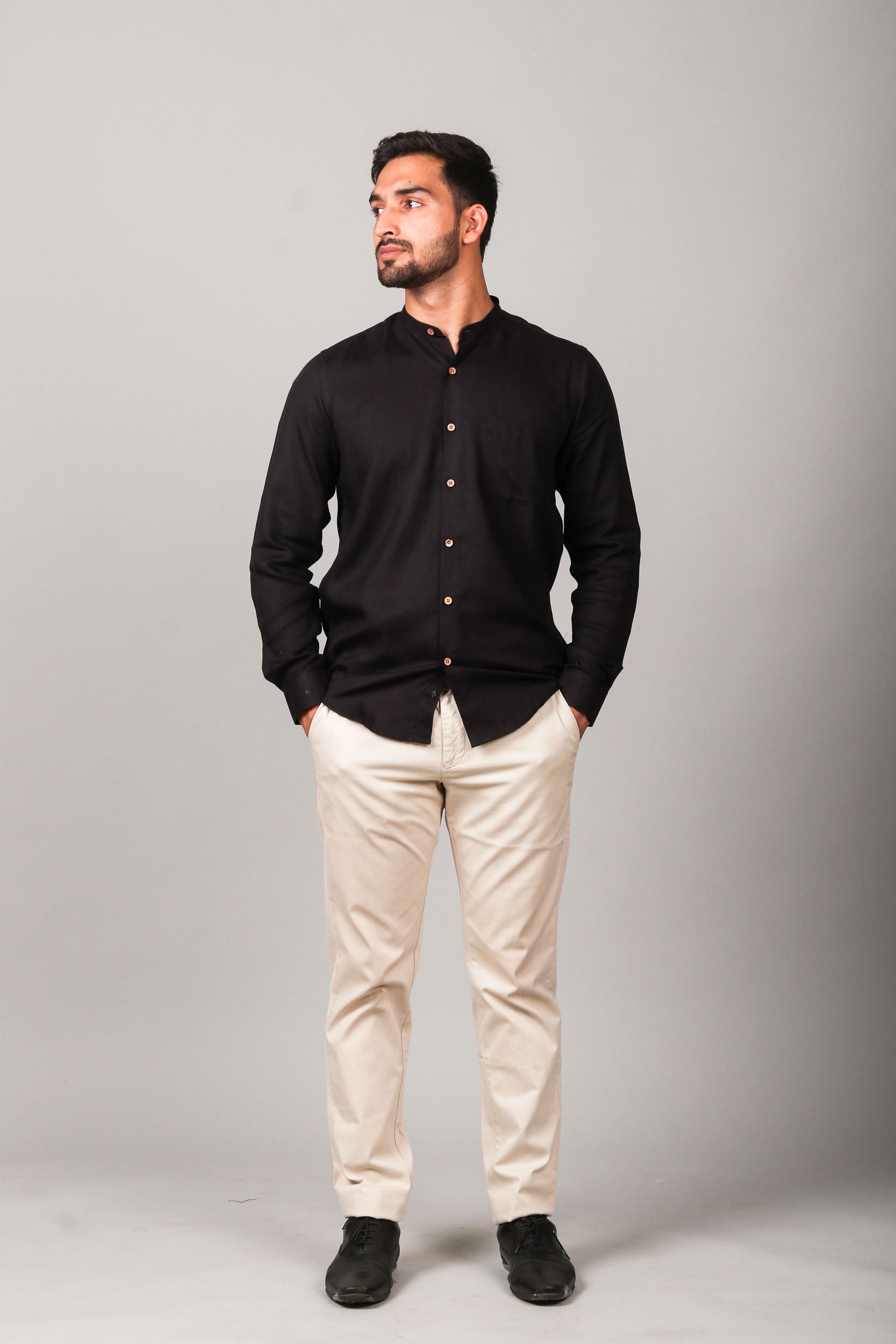 Earthy Route TENCEL- Lyocell Jet Black Mandarin Collar Shirt - Our Better Planet
