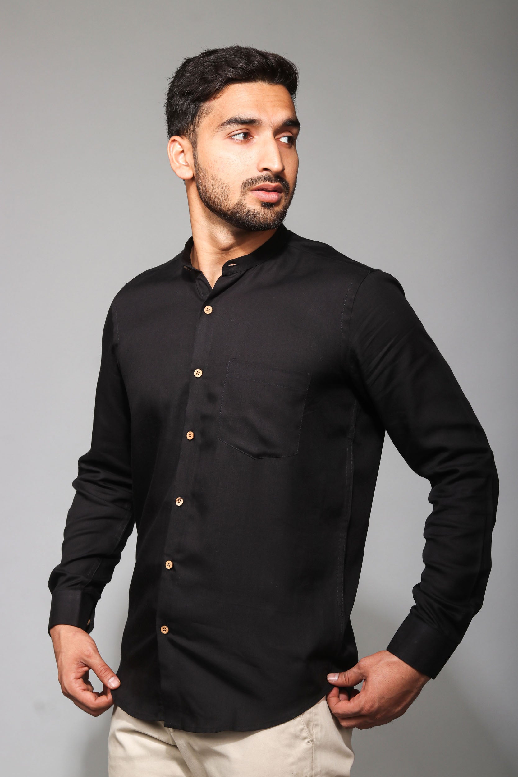 Earthy Route TENCEL- Lyocell Jet Black Mandarin Collar Shirt - Our Better Planet