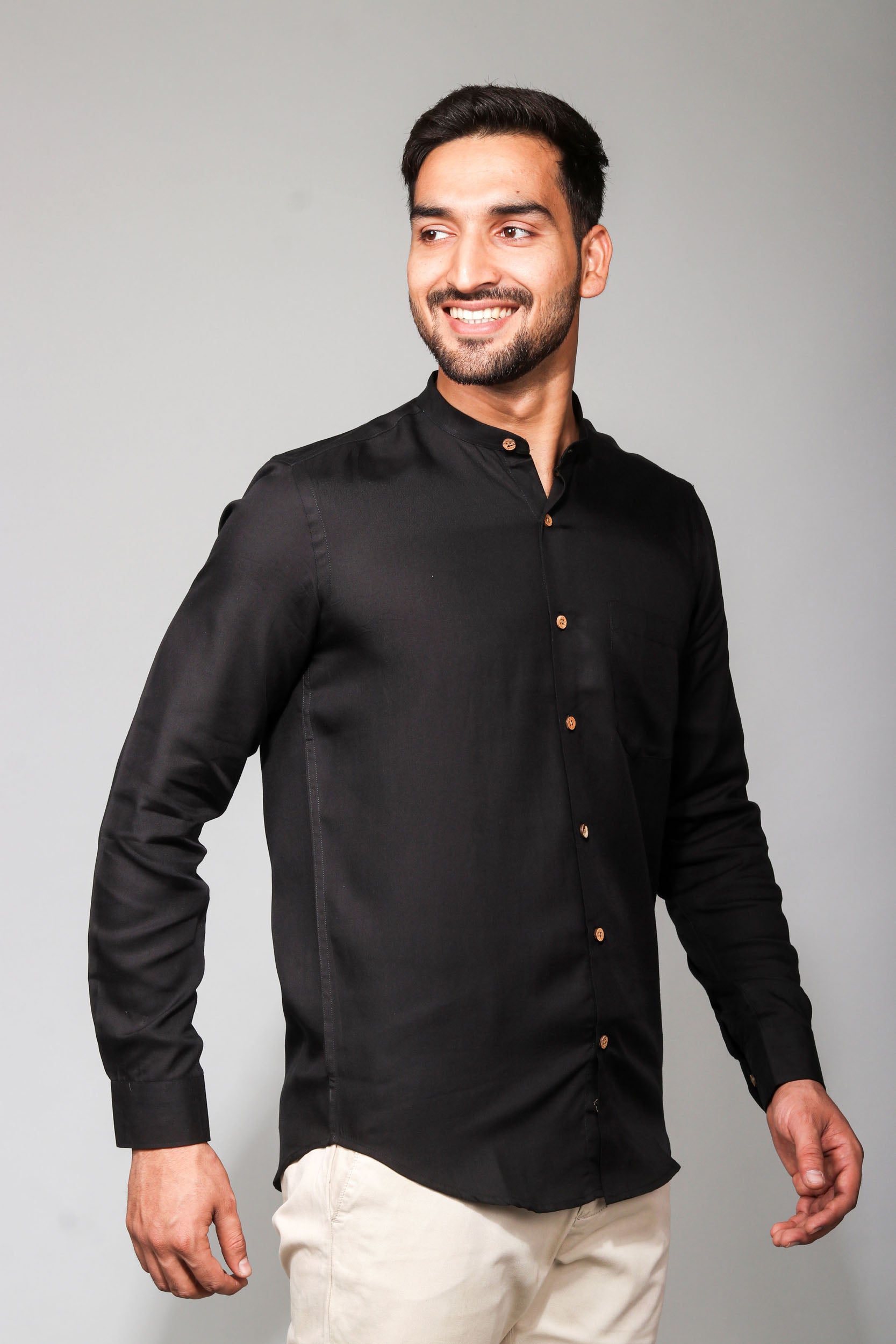 Earthy Route TENCEL- Lyocell Jet Black Mandarin Collar Shirt - Our Better Planet