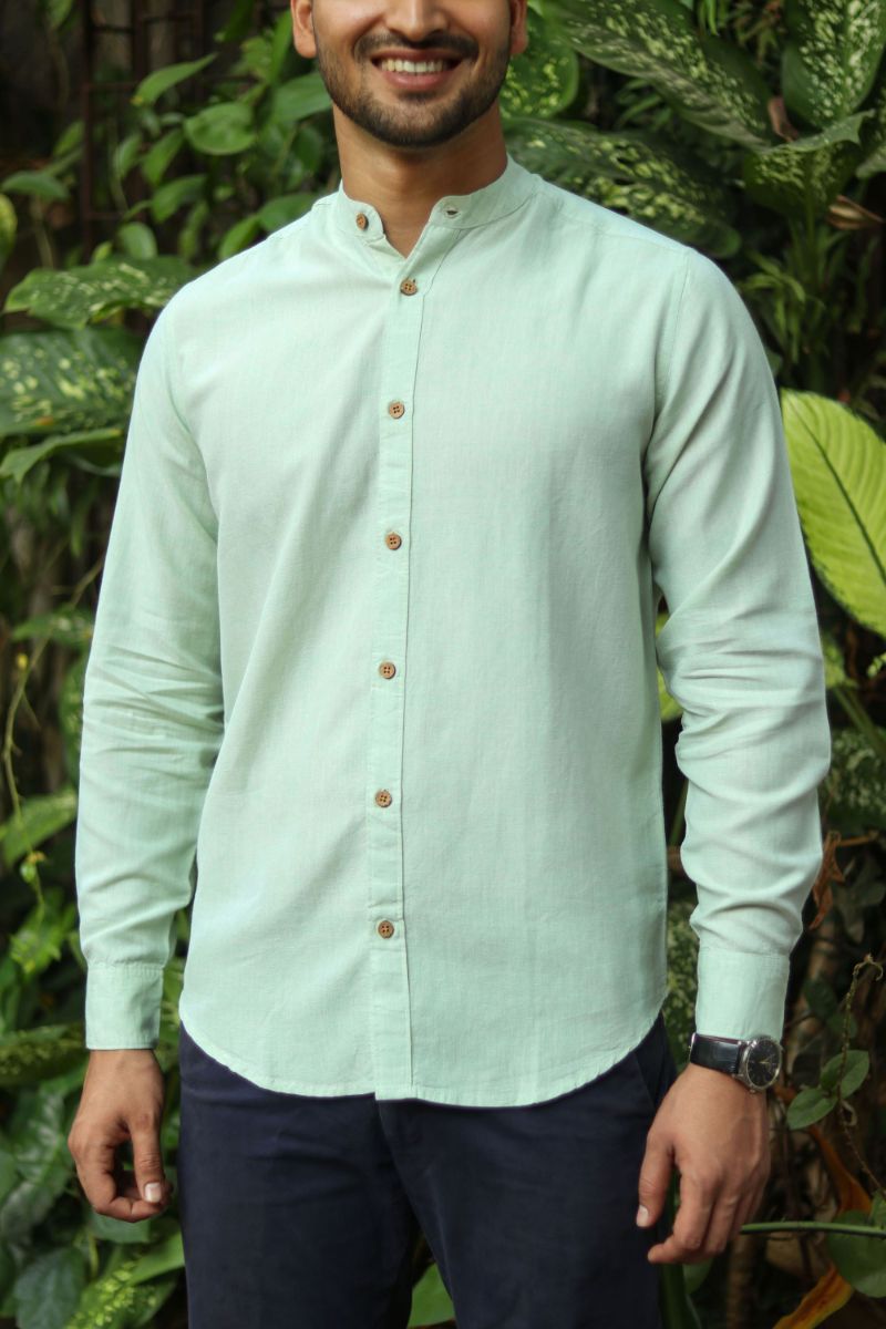 Earthy Route TENCEL- Lyocell Linen Fresh Green Mandarin Collar Shirt - Our Better Planet