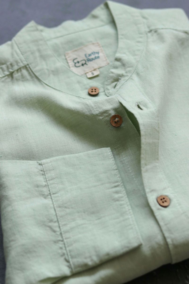 Earthy Route TENCEL- Lyocell Linen Fresh Green Mandarin Collar Shirt - Our Better Planet