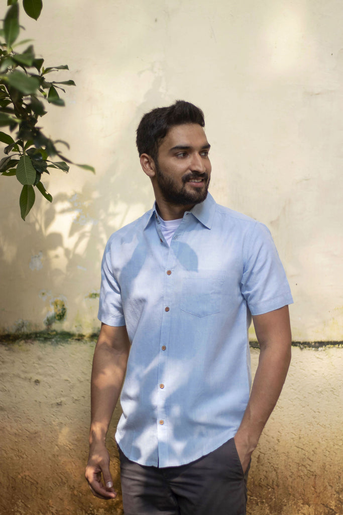 Earthy Route TENCEL- Lyocell Linen Ice Blue Half Sleeve Shirt - Our Better Planet