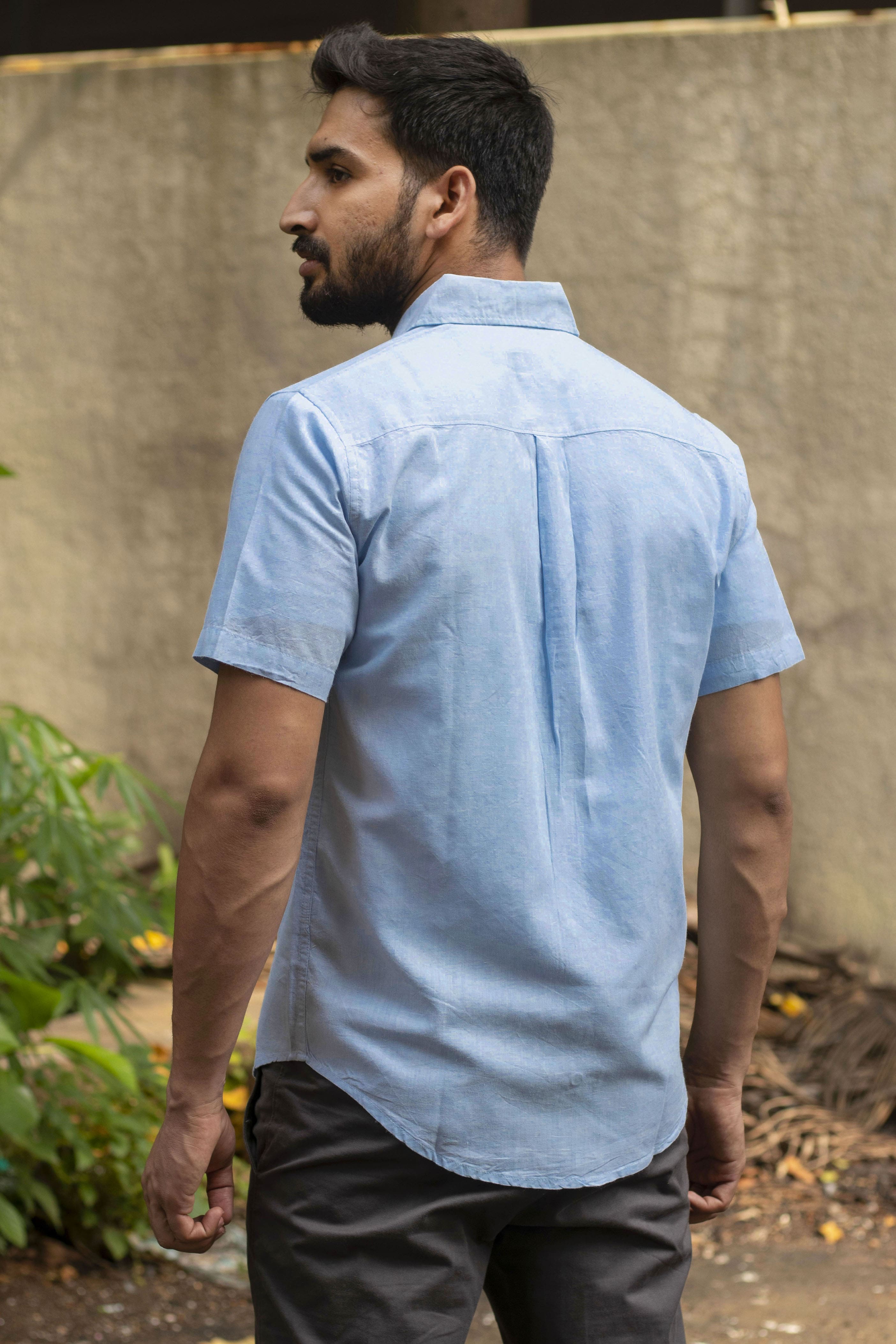 Earthy Route TENCEL- Lyocell Linen Ice Blue Half Sleeve Shirt - Our Better Planet