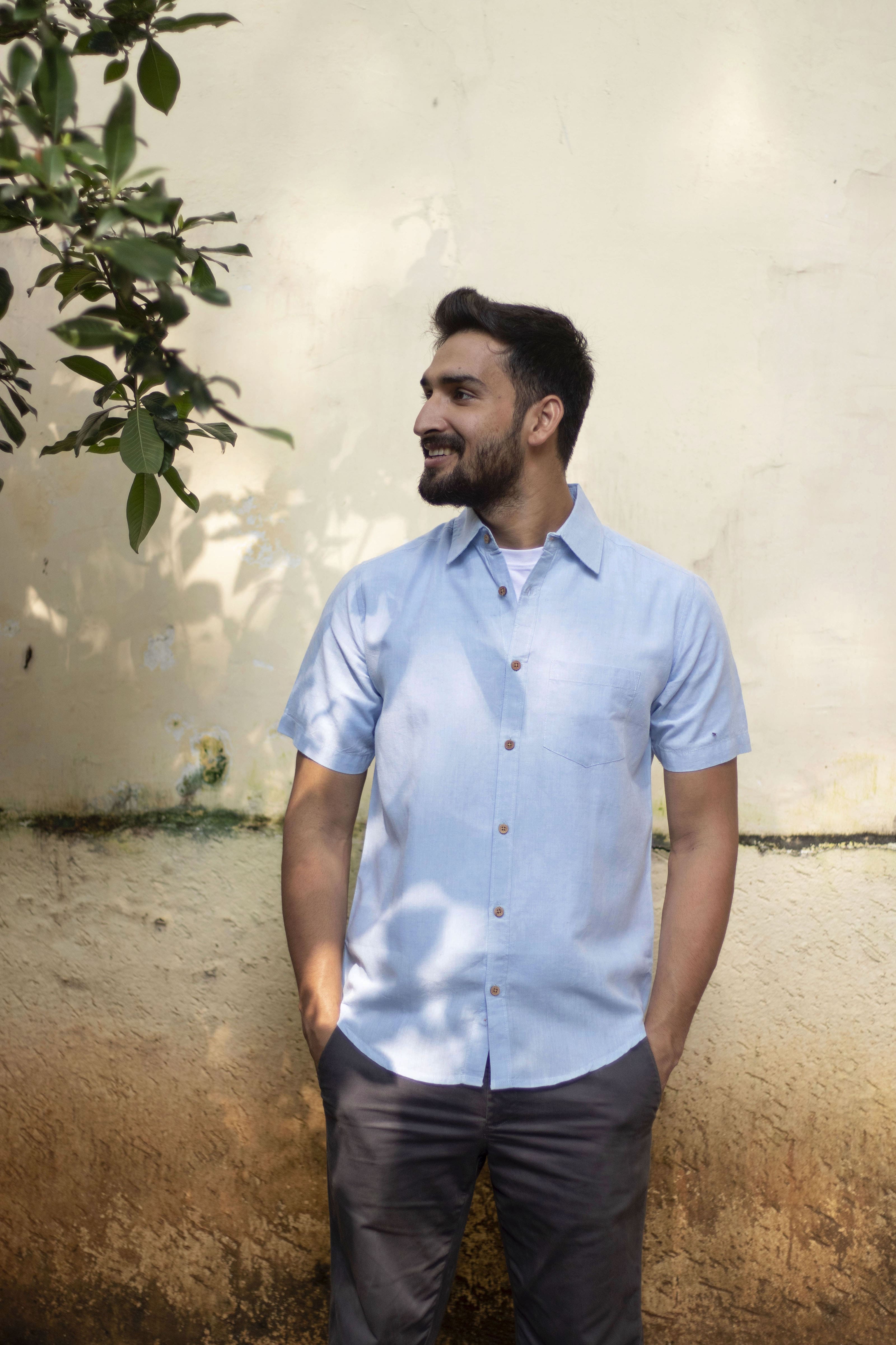 Earthy Route TENCEL- Lyocell Linen Ice Blue Half Sleeve Shirt - Our Better Planet