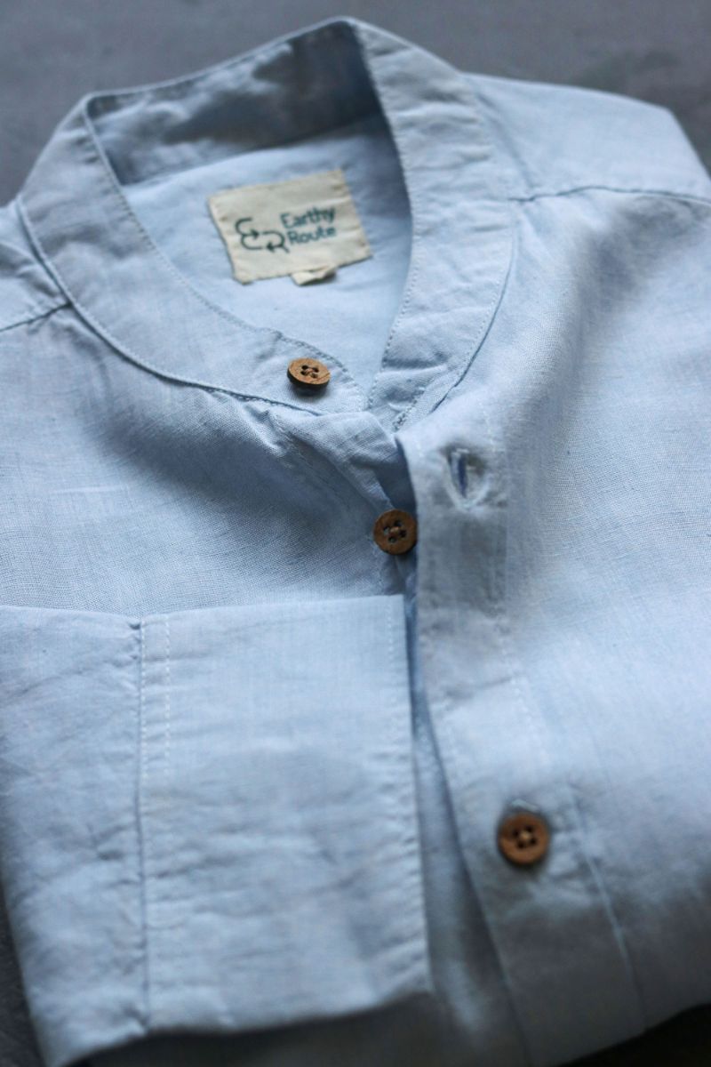 Earthy Route TENCEL- Lyocell Linen Ice Blue Mandarin Collar Shirt - Our Better Planet