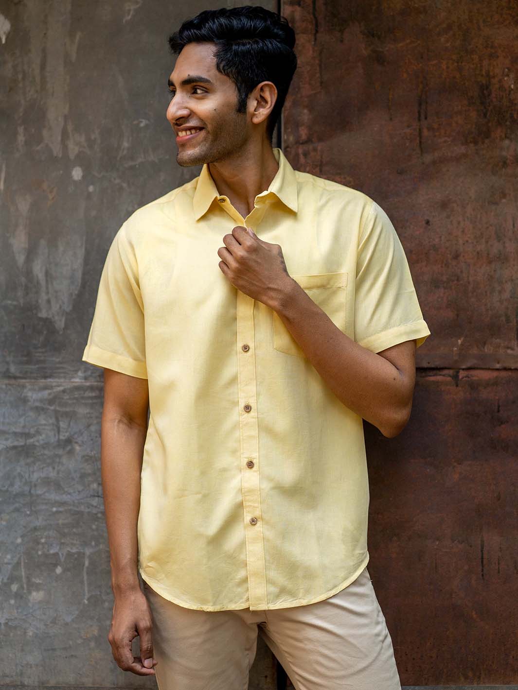 Earthy Route TENCEL- Lyocell Linen Lemon Yellow Half Sleeve Shirt - Our Better Planet