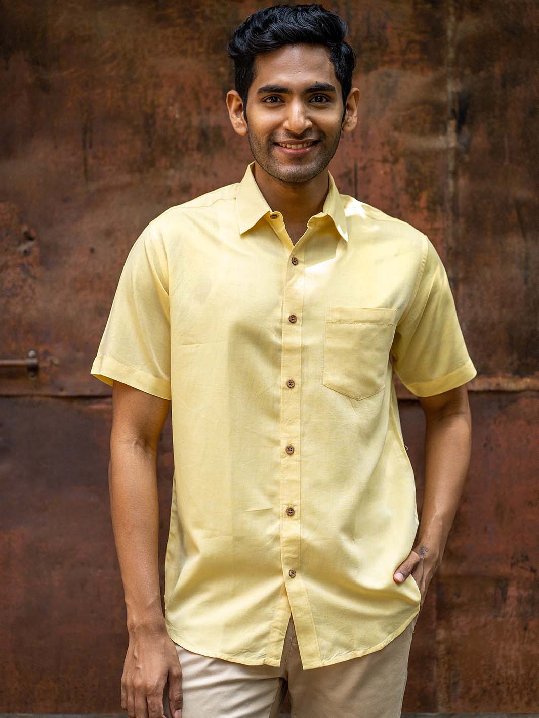 Earthy Route TENCEL- Lyocell Linen Lemon Yellow Half Sleeve Shirt - Our Better Planet