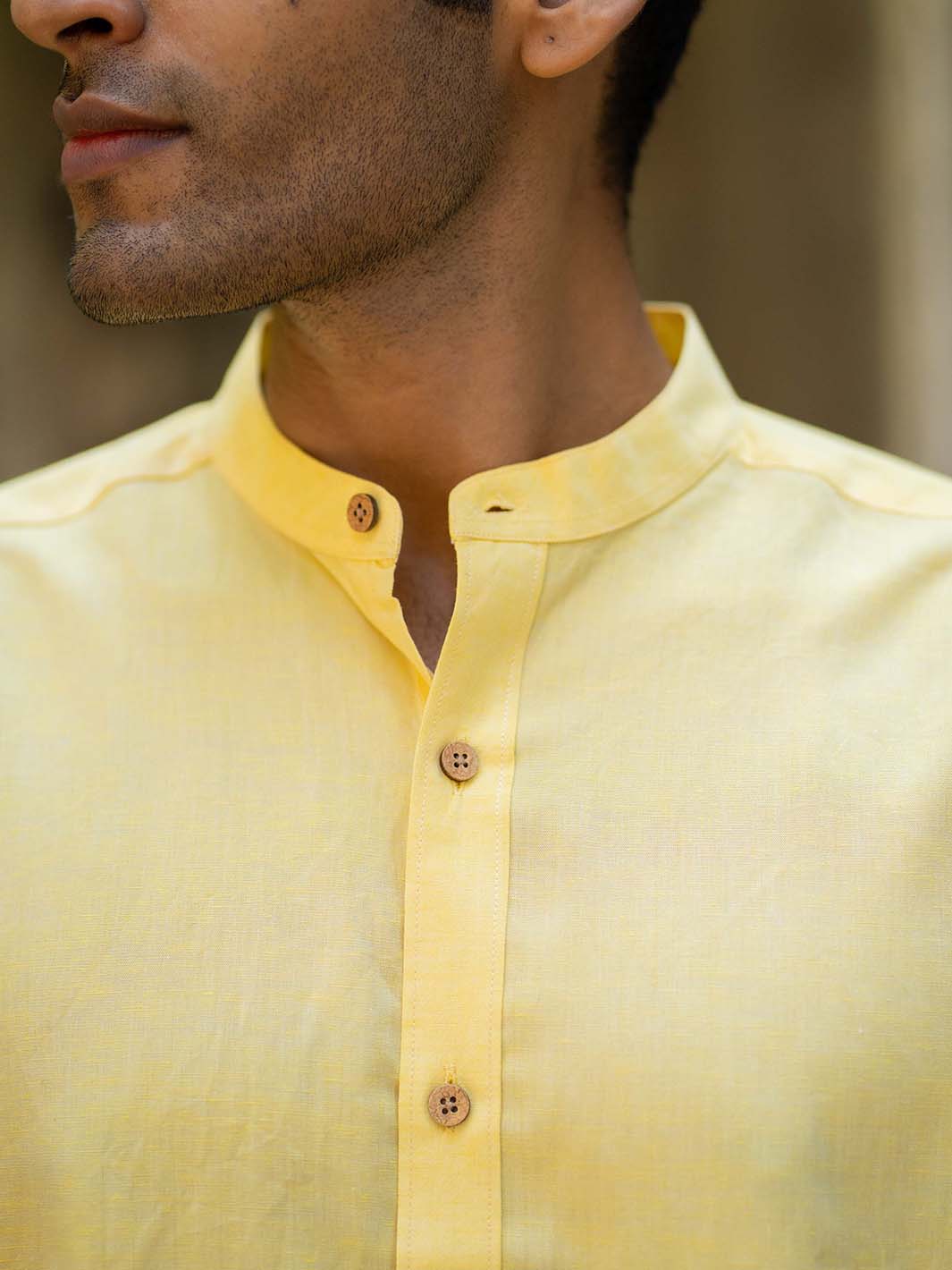 Earthy Route TENCEL- Lyocell Linen Lemon Yellow Mandarin Collar Shirt - Our Better Planet