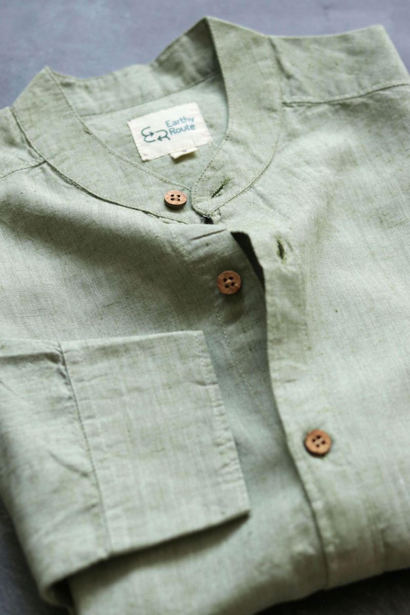 Earthy Route TENCEL- Lyocell Linen Military Green Mandarin Collar Shirt - Our Better Planet