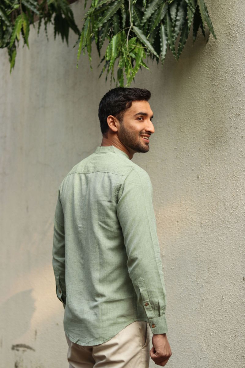 Earthy Route TENCEL- Lyocell Linen Military Green Mandarin Collar Shirt - Our Better Planet