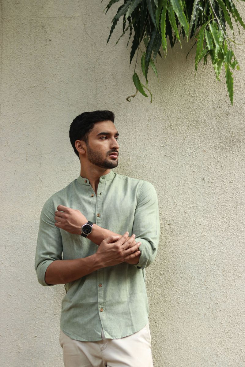 Earthy Route TENCEL- Lyocell Linen Military Green Mandarin Collar Shirt - Our Better Planet