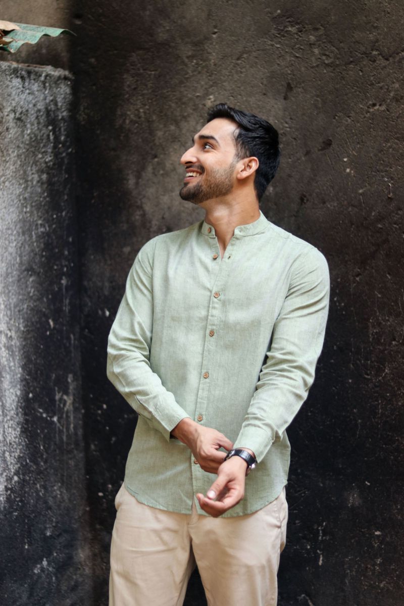 Earthy Route TENCEL- Lyocell Linen Military Green Mandarin Collar Shirt - Our Better Planet