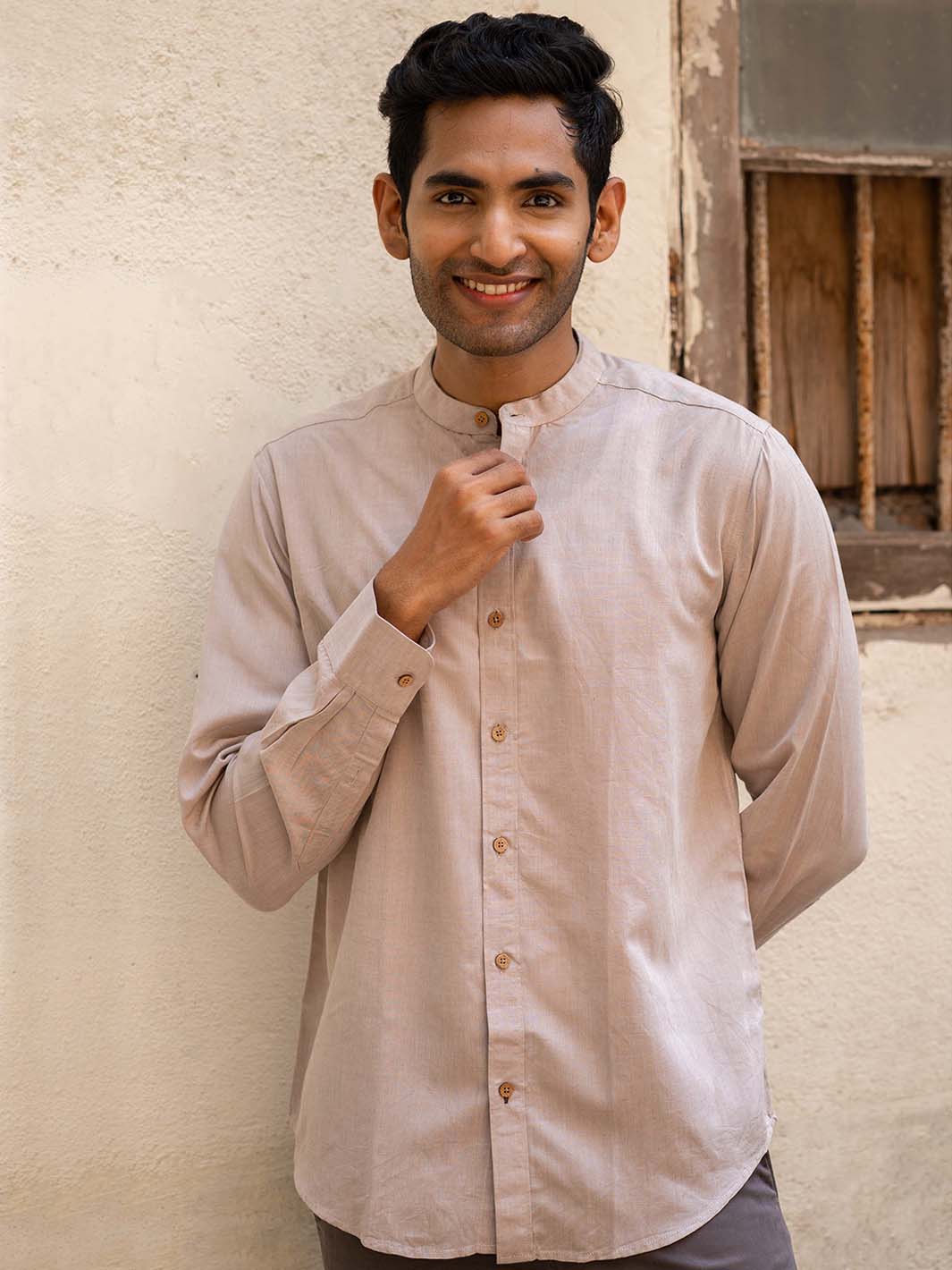 Earthy Route TENCEL- Lyocell Linen Peppercorn Brown Mandarin Collar Shirt - Our Better Planet