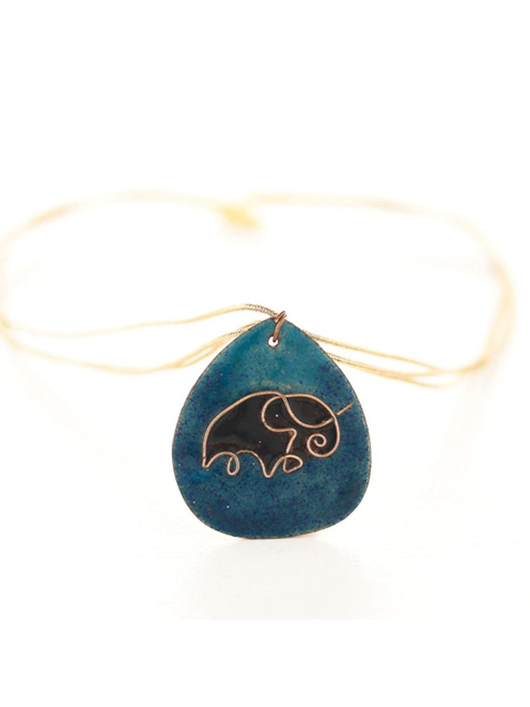 Ekibeki Blue elephant copper enamel pendent with cotton string - Our Better Planet