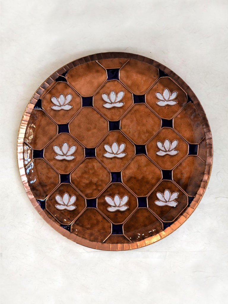 Ekibeki Copper Enamel Wall Plate Brown lotus in a jali - Our Better Planet