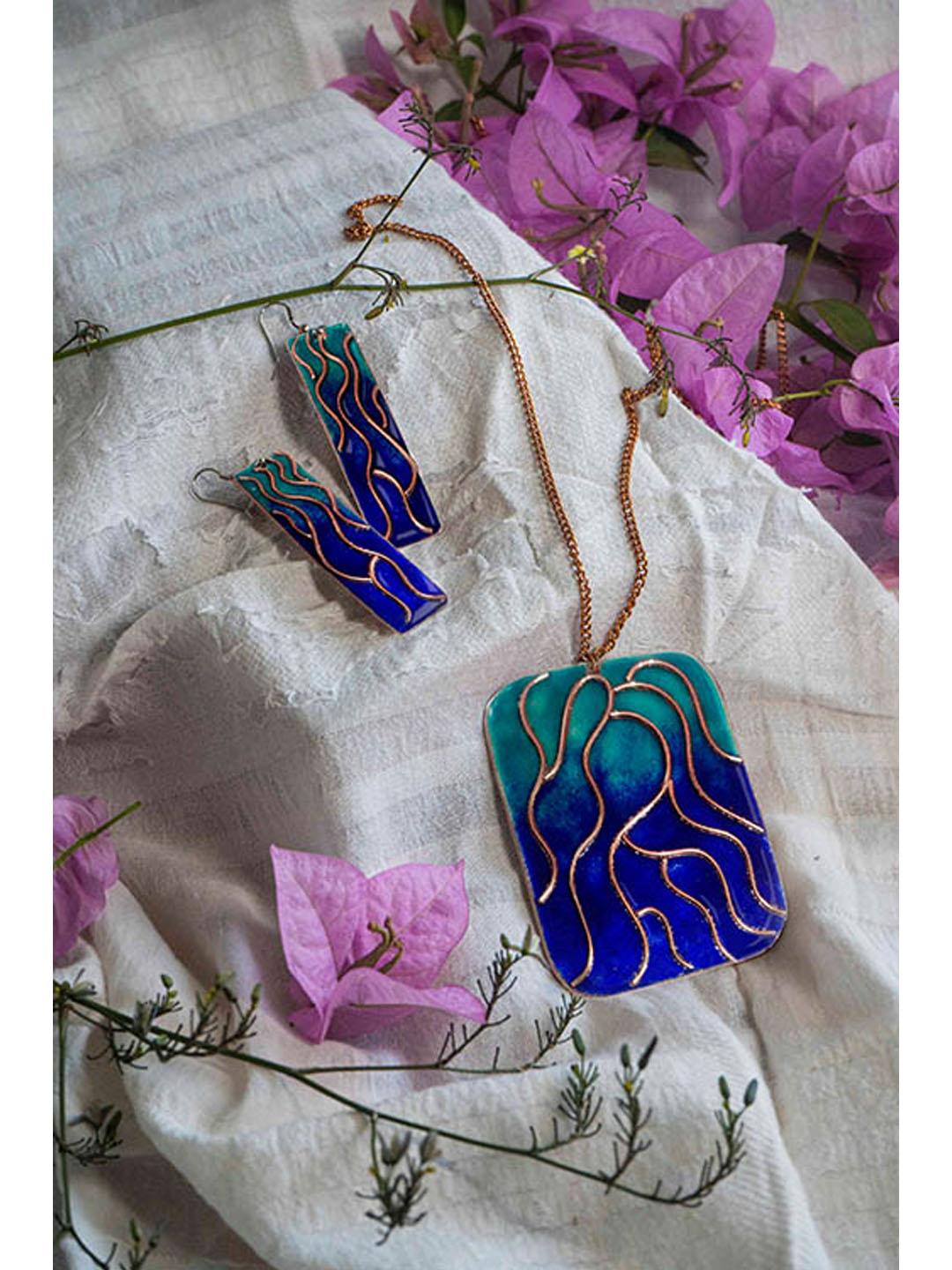 Ekibeki Copper Enameling Wave pendant set by Ekibeki in Blue - Our Better Planet