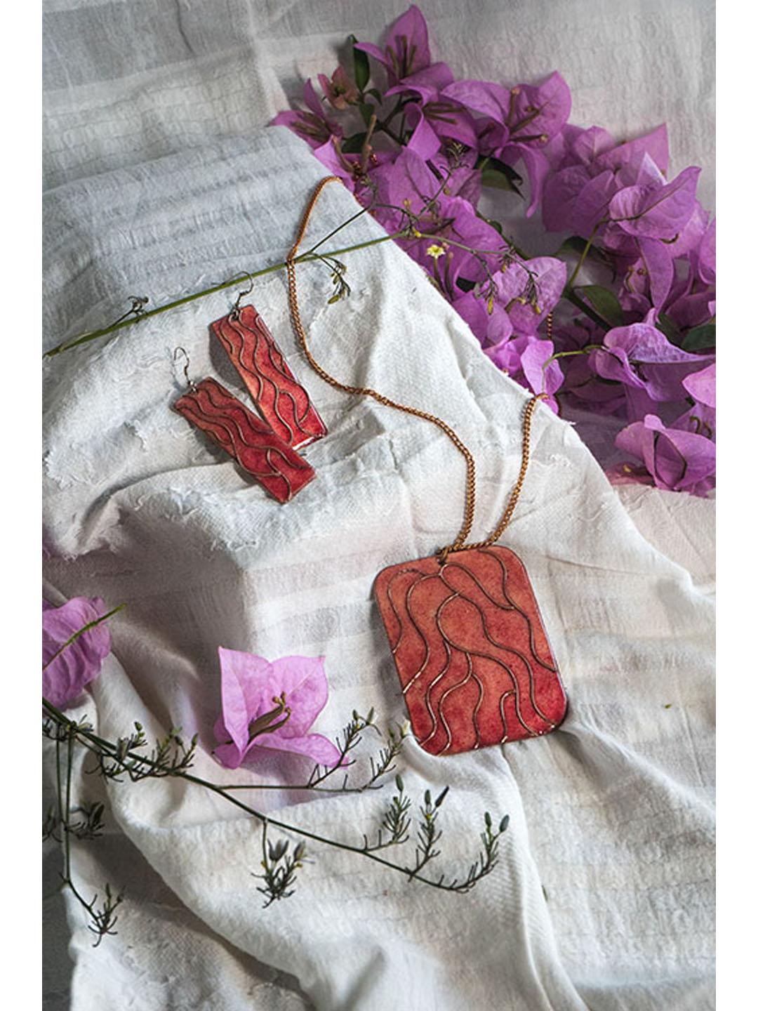 Ekibeki Copper Enameling Wave pendant set by Ekibeki in Pink - Our Better Planet