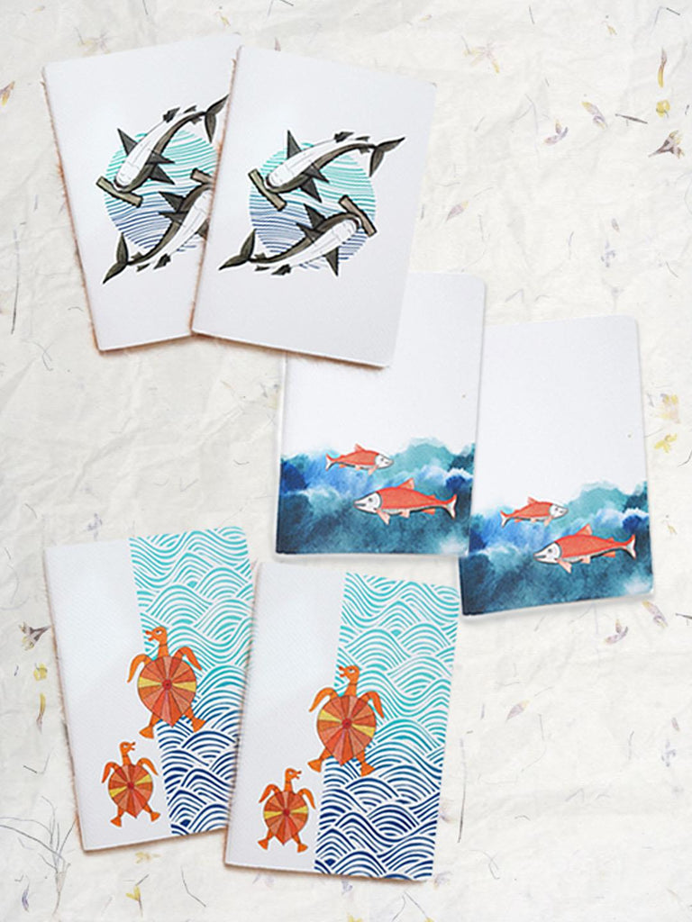Ekibeki Ekibeki Ocean Series notebokes in collaboration with tradational Patchitra artisan Rupsona - Set of 6 - A6 notebooks - 3 designs - Our Better Planet