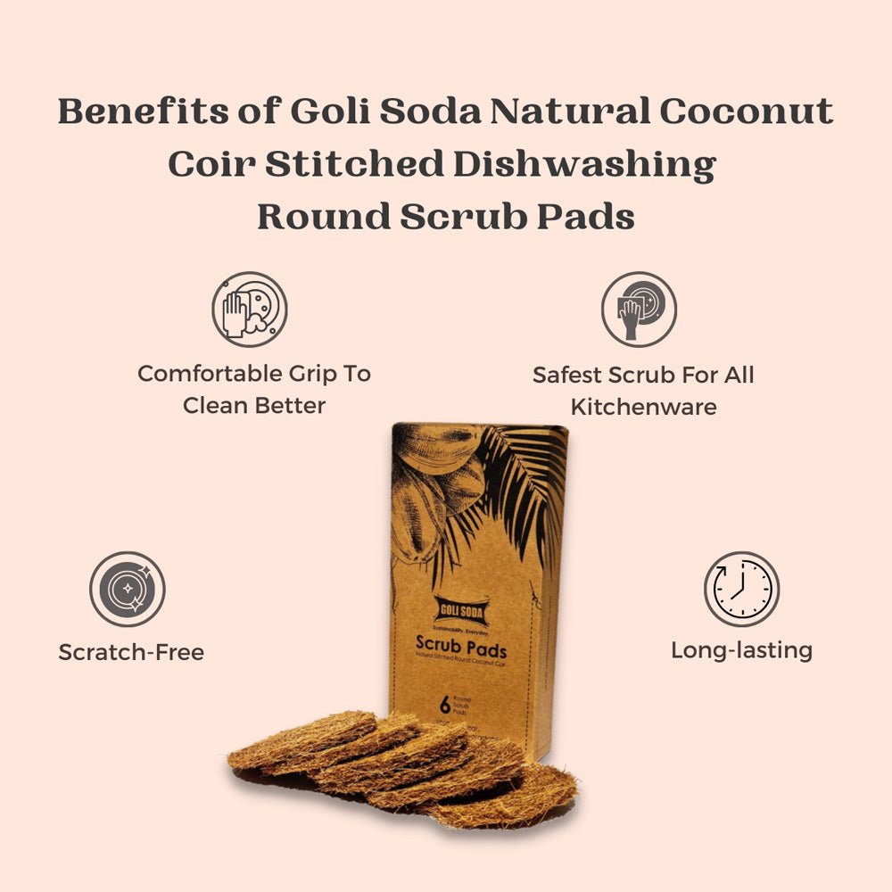 Goli Soda Natural Coconut Coir Round Stitched Dishwashing Scrub Pads - Pack of 6 Scrubs - Our Better Planet