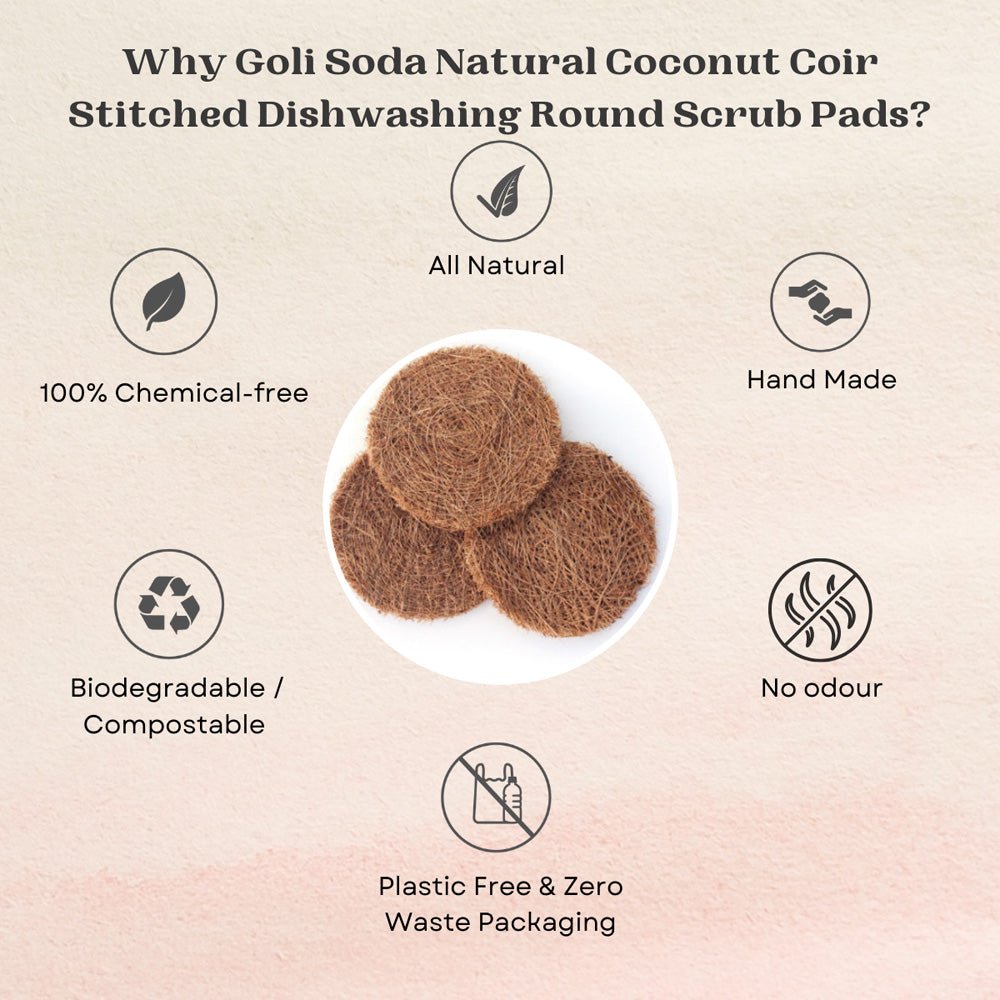 Goli Soda Natural Coconut Coir Round Stitched Dishwashing Scrub Pads - Pack of 6 Scrubs - Our Better Planet