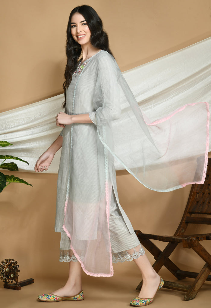 Grey Self Striped Cotton Kurta Pants Set with Organza Stole - Our Better Planet