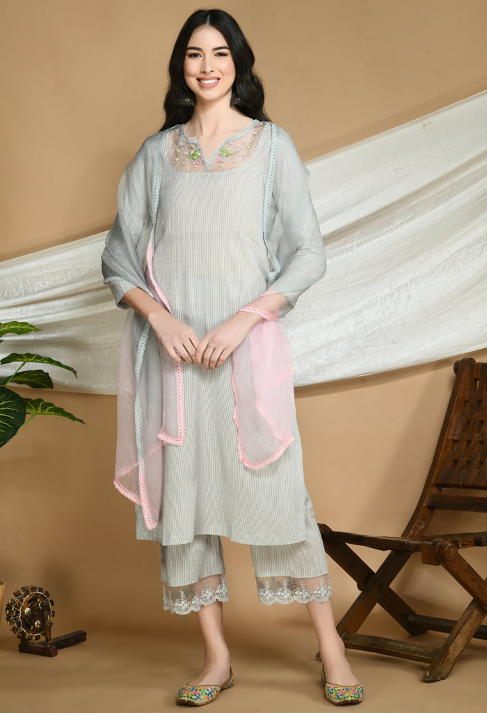Grey Self Striped Cotton Kurta Pants Set with Organza Stole - Our Better Planet