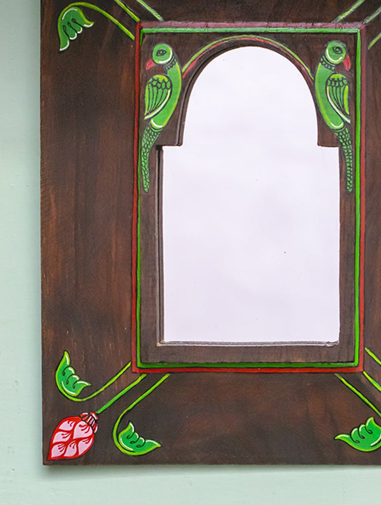 HANDPAINTED PARROT PATTACHITRA MIRROR WITH VINTAGE WOODEN FRAME - Our Better Planet