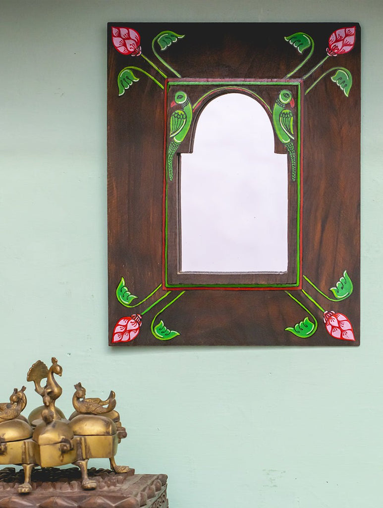 HANDPAINTED PARROT PATTACHITRA MIRROR WITH VINTAGE WOODEN FRAME - Our Better Planet