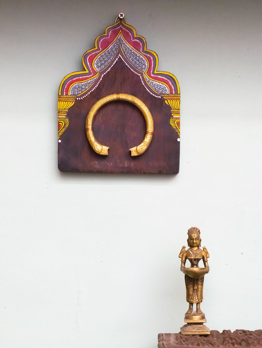 HANDPAINTED YELLOW RED MINIATURE ANTIQUE VINTAGE WOODEN WALLART WITH BRASS ORNAMENT - Our Better Planet