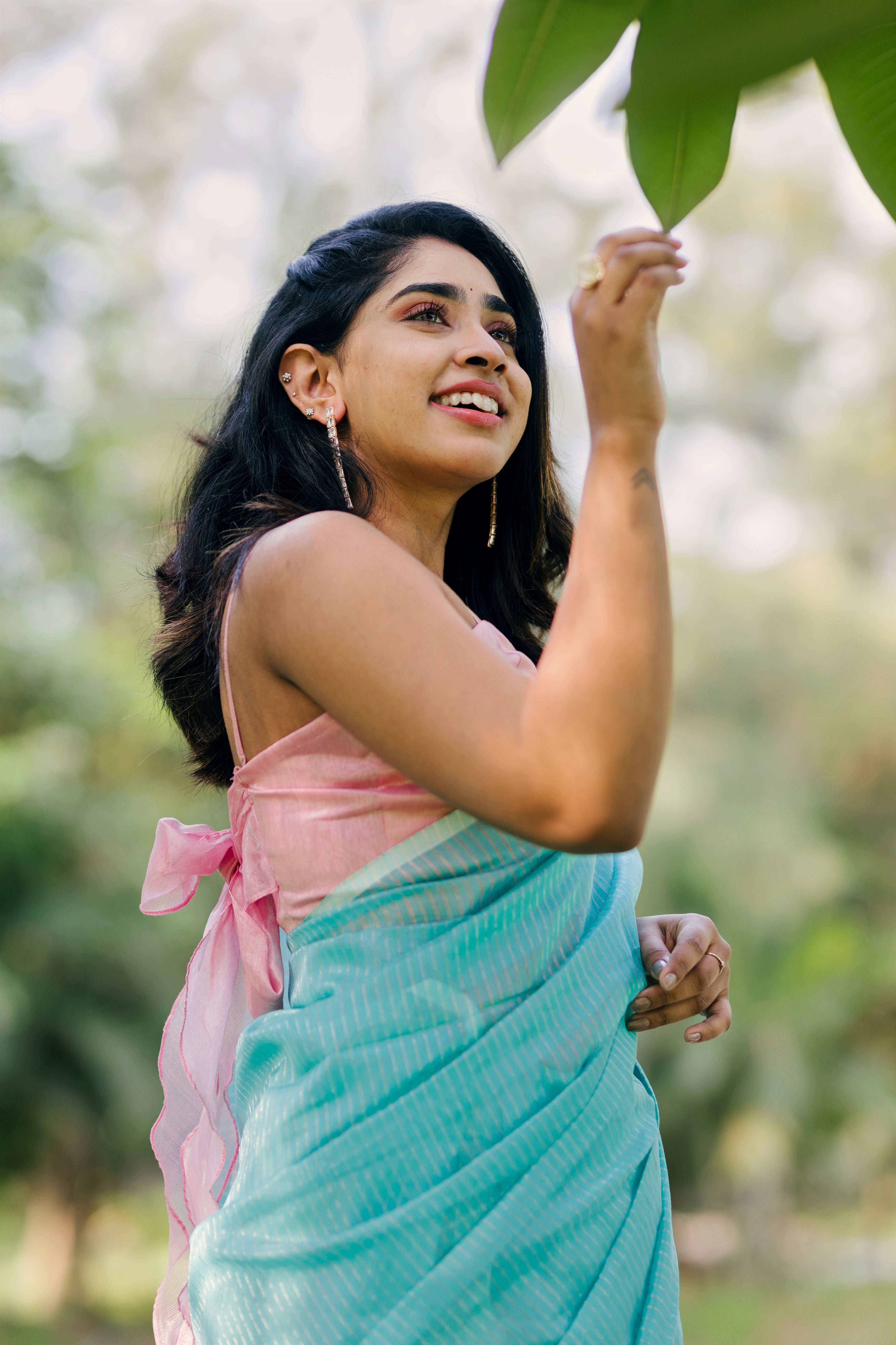 JA's Drape Handwoven Silk Cotton Saree - Misty teal + Pale pink