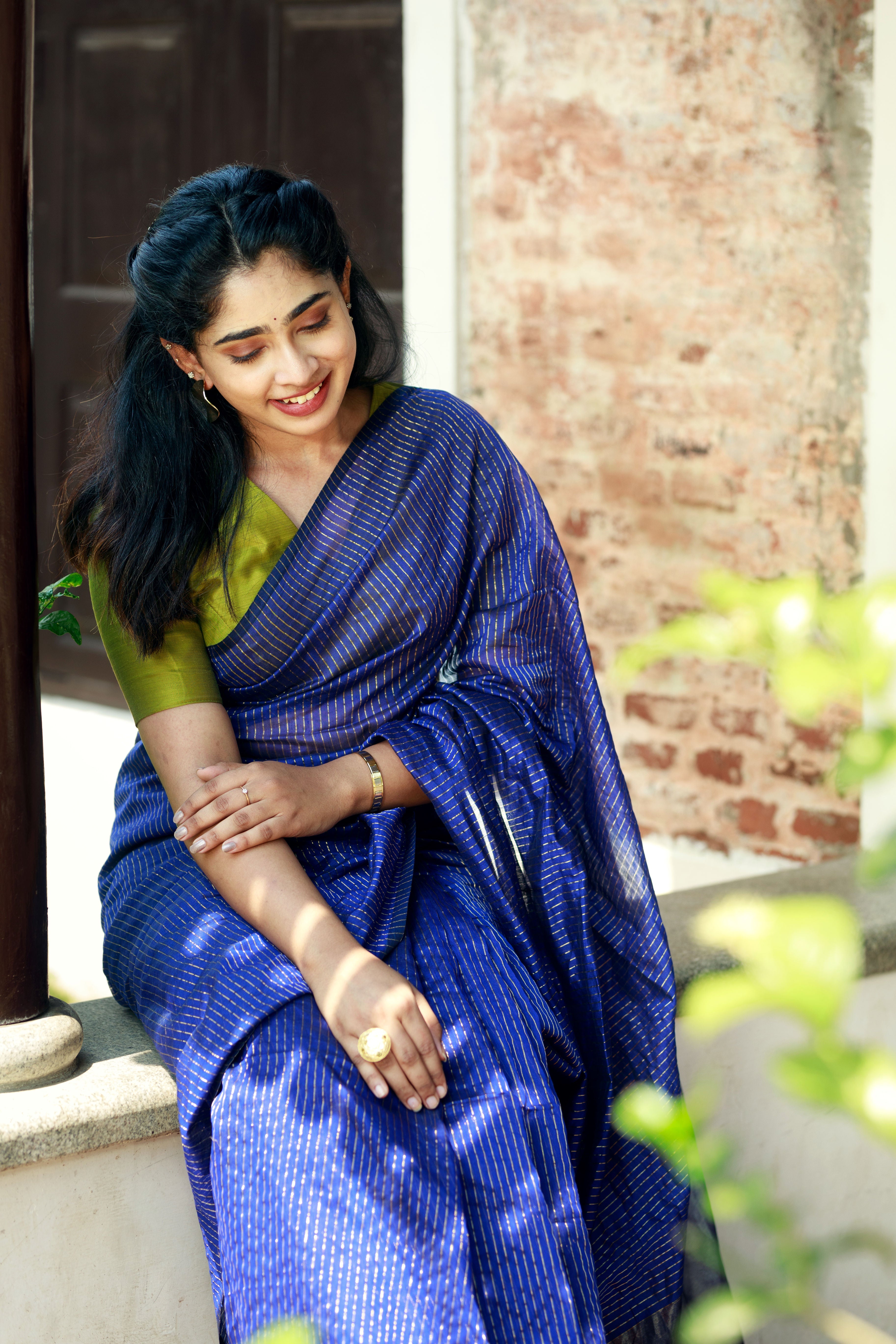 JA's Drape Handwoven Silk Cotton Saree - Royal blue + Lively lime