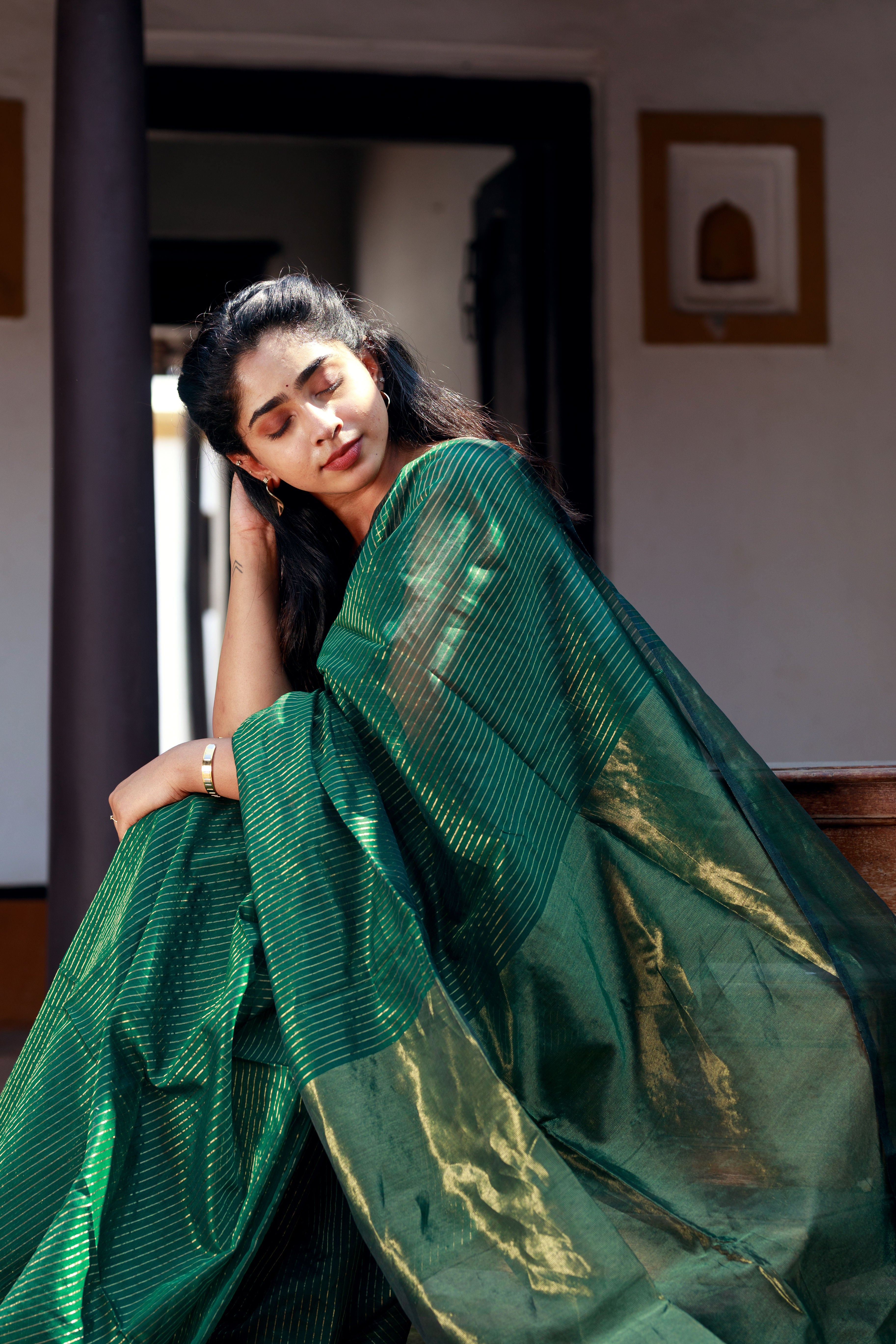 JA's Drape Handwoven Silk Cotton Saree -  Bottle green + Pale olive